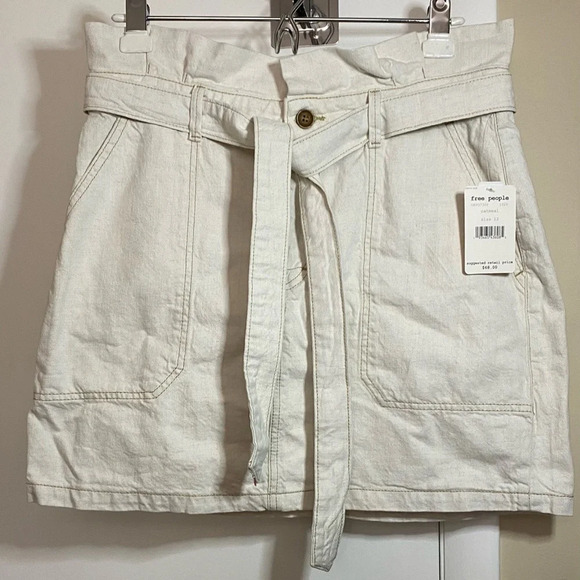 NWT Free People Splendor Grass Skirt Oatmeal Tie Waist Paper Bag Mini Size 12 - Picture 3 of 9